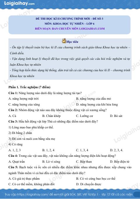 Đề thi học kì 2 KHTN 6 Cánh diều - Đề 3